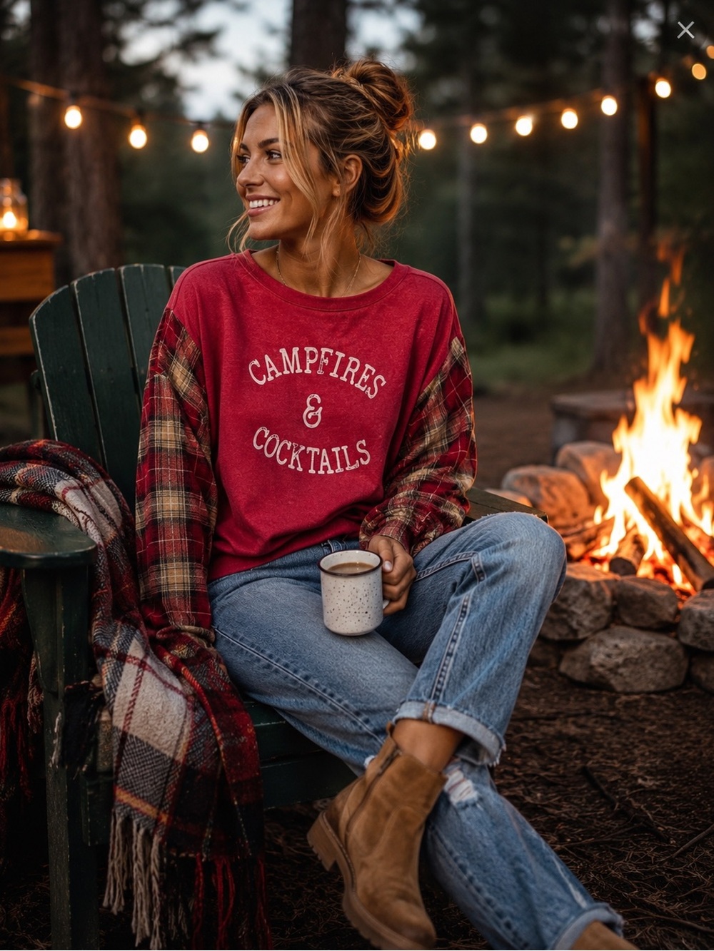 Hand Crafted Red Sweatshirt with Plaid Sleeves Sz XL oversized